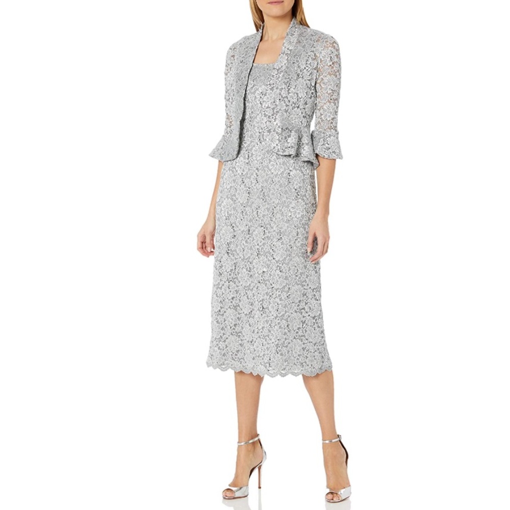 R&M Richards Women's Two Piece Lace Long Jacket Dress Missy,silver